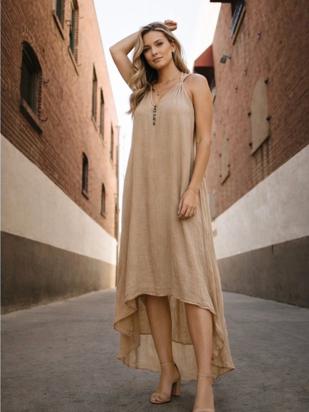 Mlle Gabrielle Sleeveless High-Low Maxi Dress in Tan